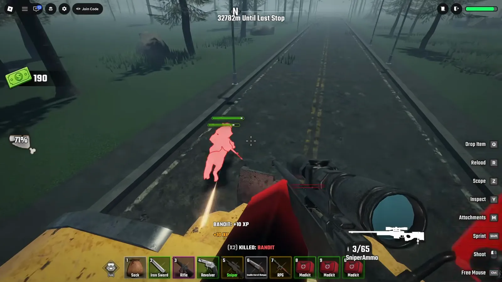 Kill feed reading (X2) KILLED: BANDIT below a pink-glowing rider collapsing on the highway with the sniper count at 3/65 in Last Stop Roblox