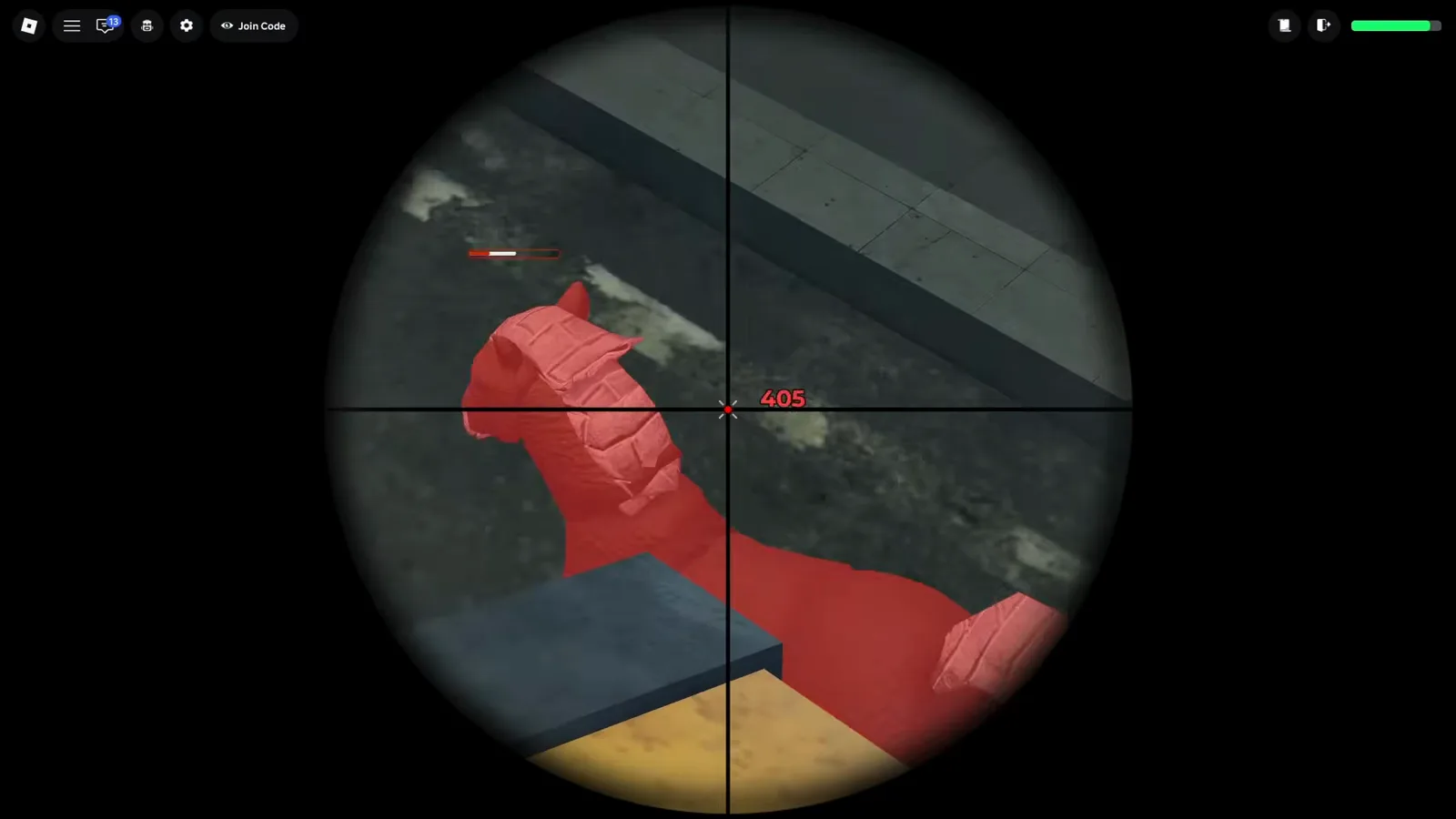 Sniper scope zoomed on a damage-flashed horse whose small health bar sits above a 405 damage number in Last Stop Roblox