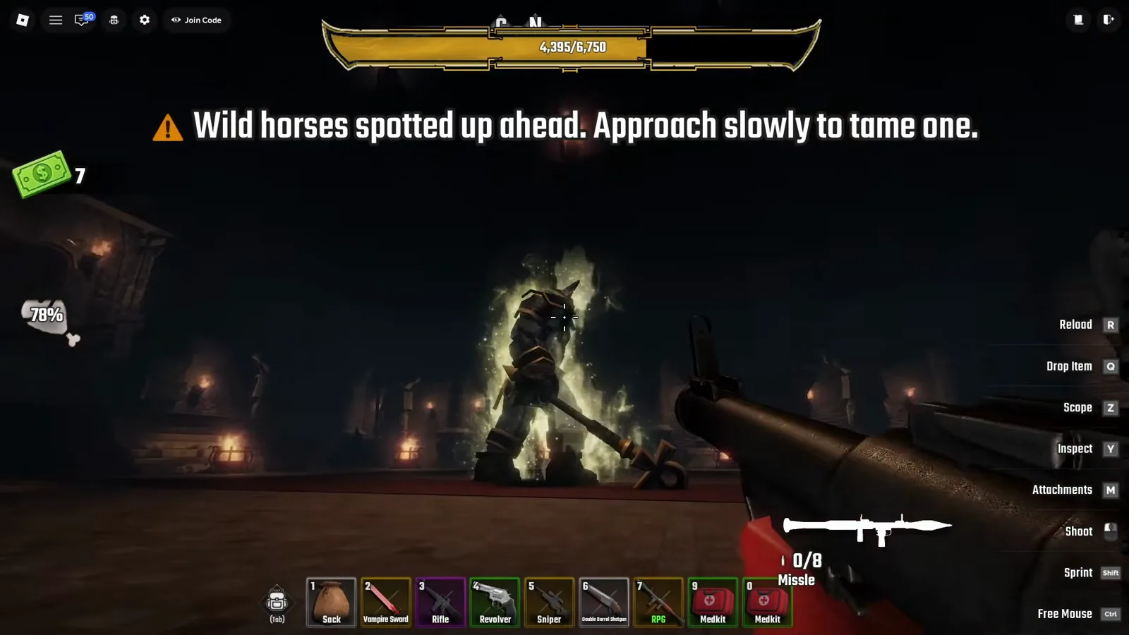 Last Stop Roblox night-camp fight with the road event warning Wild horses spotted up ahead. Approach slowly to tame one. above a glowing golden boss