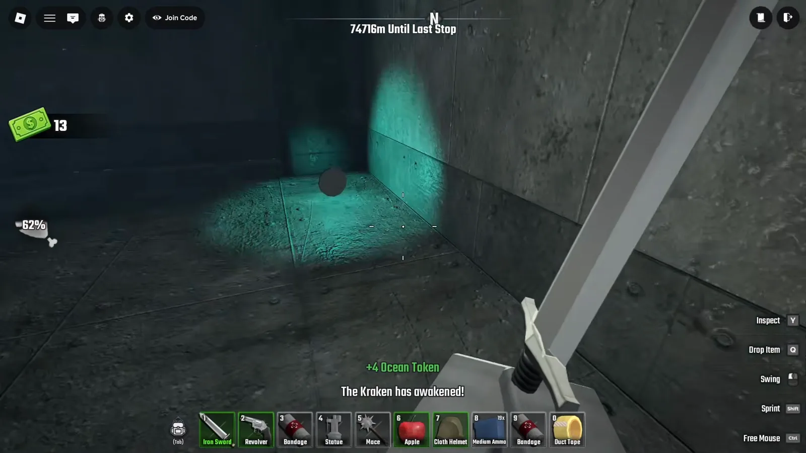 A teal vault room in Last Stop Roblox where the red banner The Kraken has awakened! appears under a green +4 Ocean Token toast