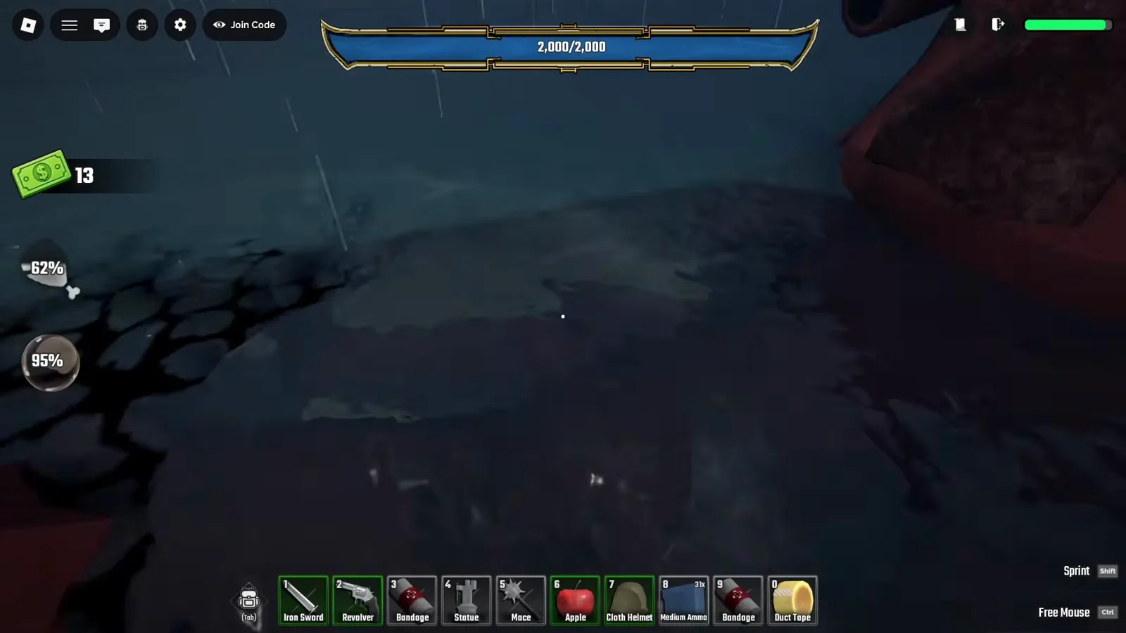 The Kraken boss bar in Last Stop Roblox reading a full 2,000/2,000 over dark rain-slicked water with the edge of a tentacle at the right
