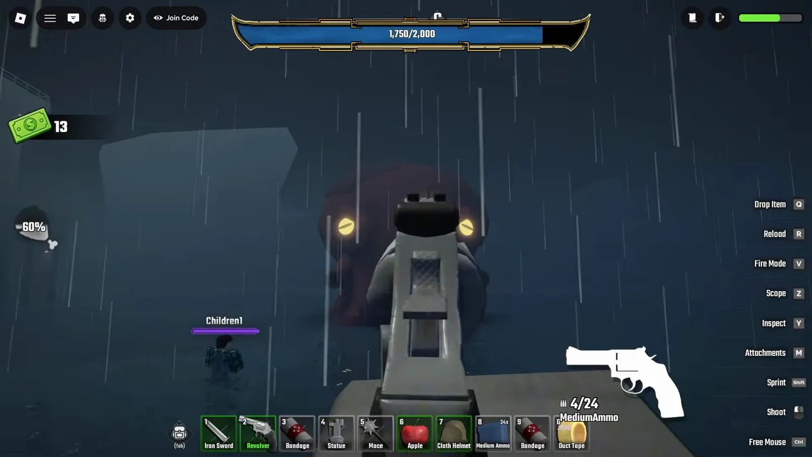 The Kraken boss mid-fight in Last Stop Roblox, its dark red head and two glowing yellow eyes rising out of the rain in front of a revolver aim while the blue boss bar reads 1,750/2,000