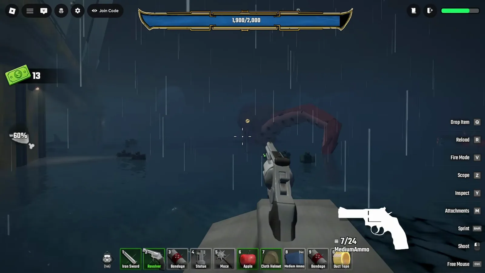 A Kraken tentacle arcing out of the rain over the water in Last Stop Roblox while the boss bar reads 1,800/2,000 and a revolver comes up to fire