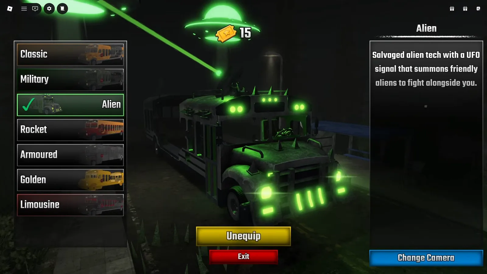 Bus garage menu in Last Stop Roblox with the Alien bus selected and its card describing salvaged alien tech that summons friendly aliens to fight alongside you
