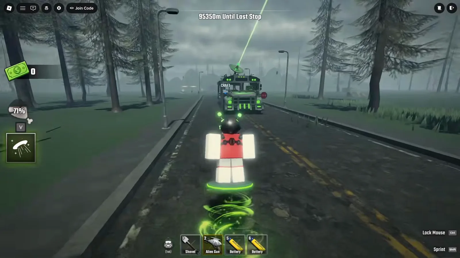 Player riding the alien hoverboard down a forest road toward the green Alien Bus, with Shovel, Alien Gun and Batteries visible in the hotbar