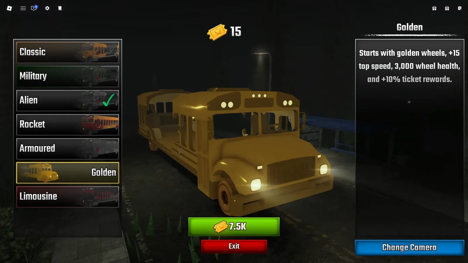 Golden bus preview glowing in the Last Stop Roblox garage under its 7.5K price button and golden-wheels stat card