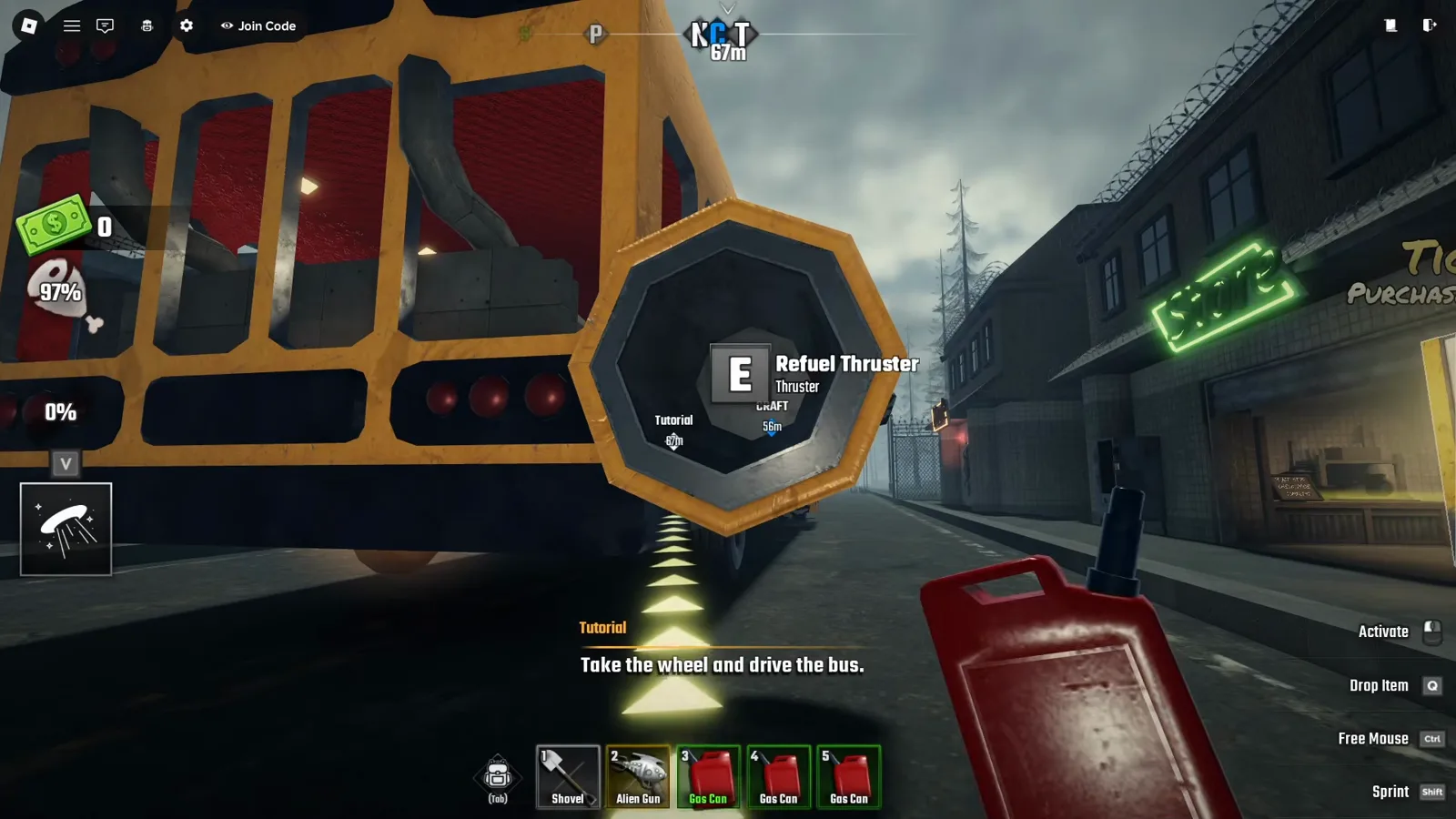 First-person view of the Refuel Thruster prompt on the Rocket Bus booster while the player holds a red gas can in Last Stop Roblox