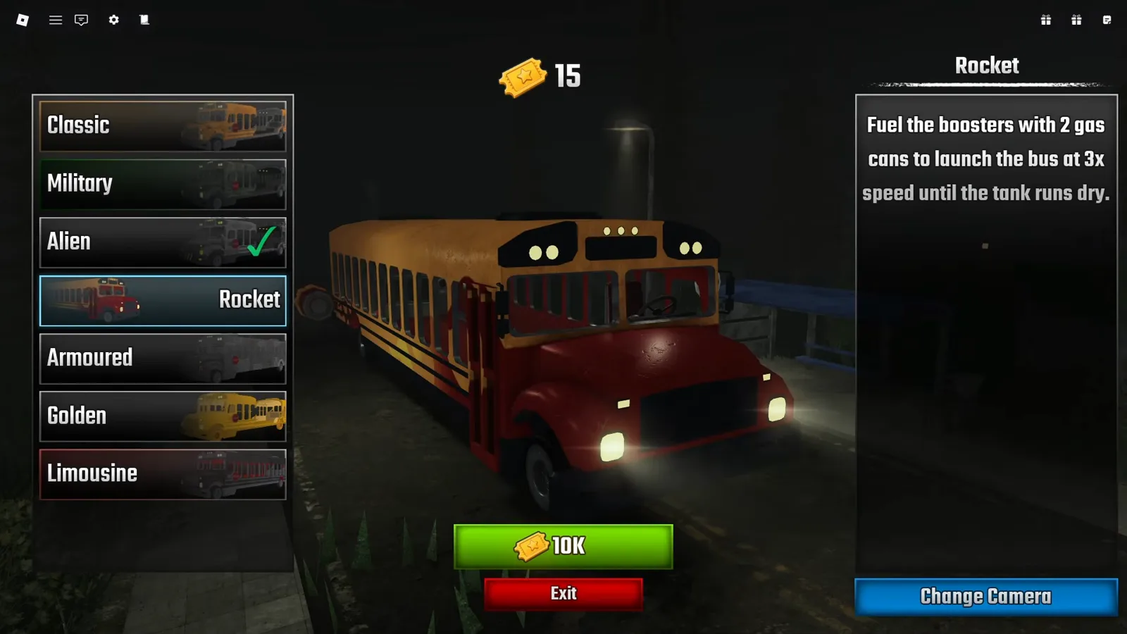 Rocket bus card in the Last Stop Roblox garage listing 10K next to the red bus and the two-gas-can 3x speed description
