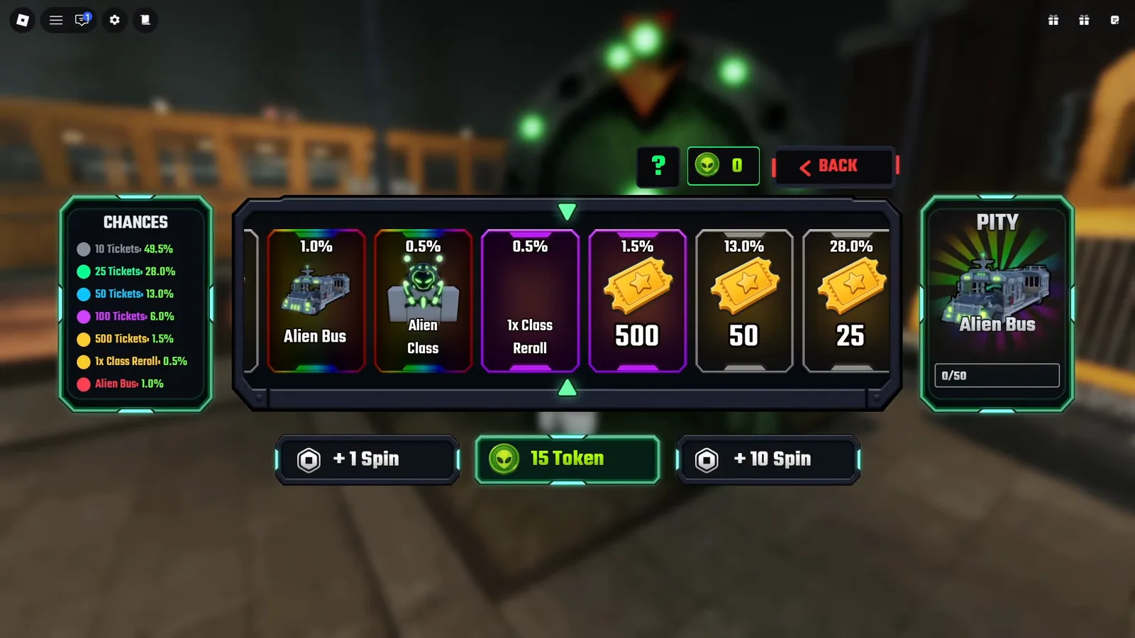 Token spin CHANCES board in Last Stop Roblox showing Alien Bus at 1.0%, Alien Class at 0.5% and a PITY meter counting 0/50
