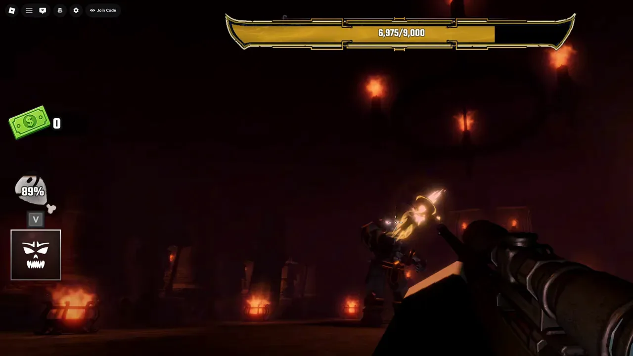 Anubis boss bar reading 6,975 out of 9,000 HP inside the red dungeon in Last Stop Roblox Nightmare Mode