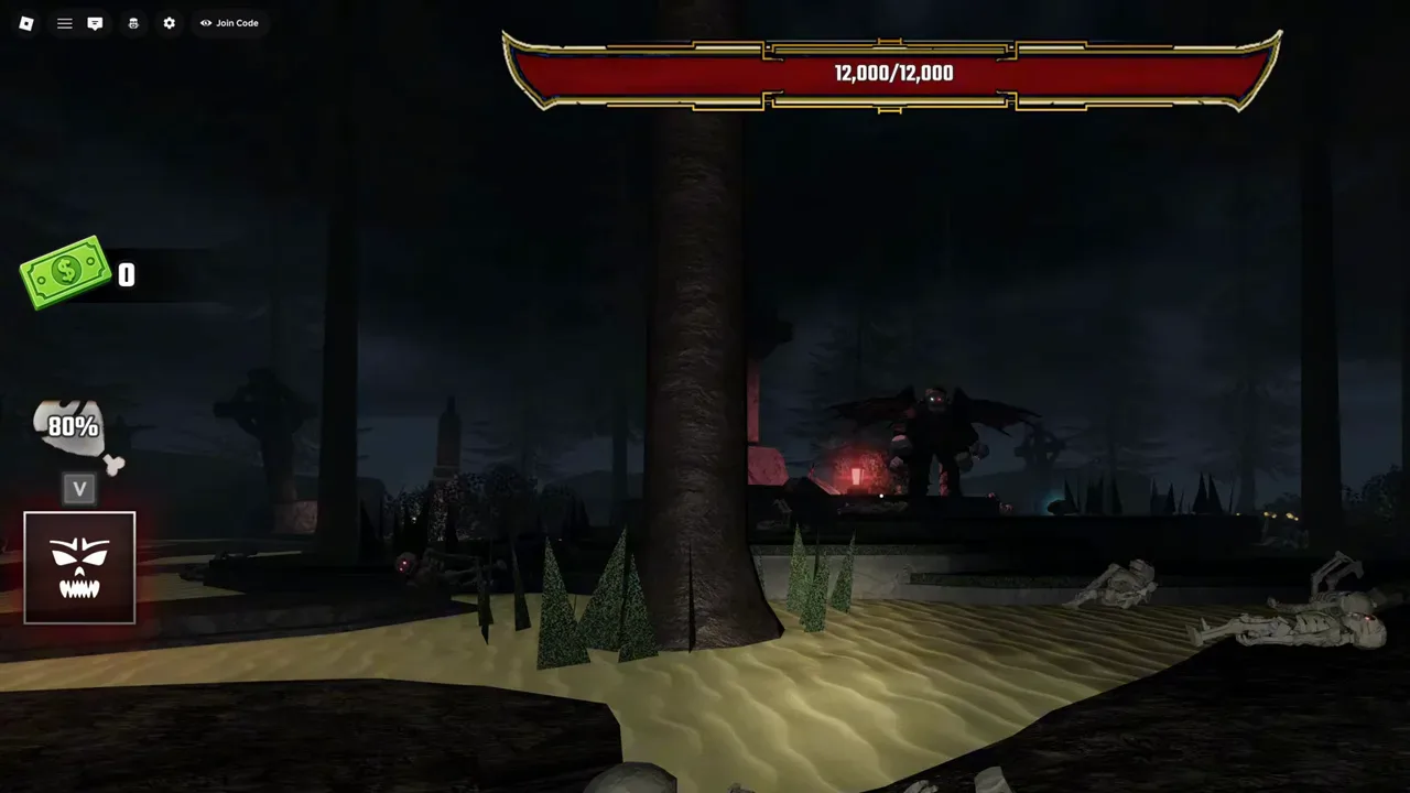 Dracula boss bar reading 12,000 out of 12,000 HP over the graveyard in Last Stop Roblox Nightmare Mode