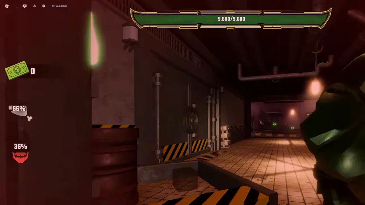 Large green zombie blocking a building corridor during a night loot stop in Last Stop Roblox Nightmare Mode