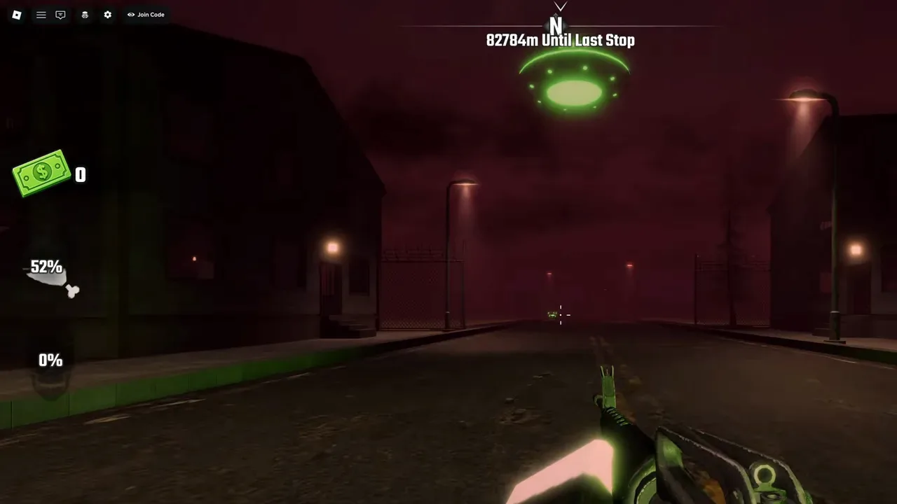 Green mothership UFO hovering over a night street in Last Stop Roblox with the warning The mothership is on you. Shoot it down! on screen