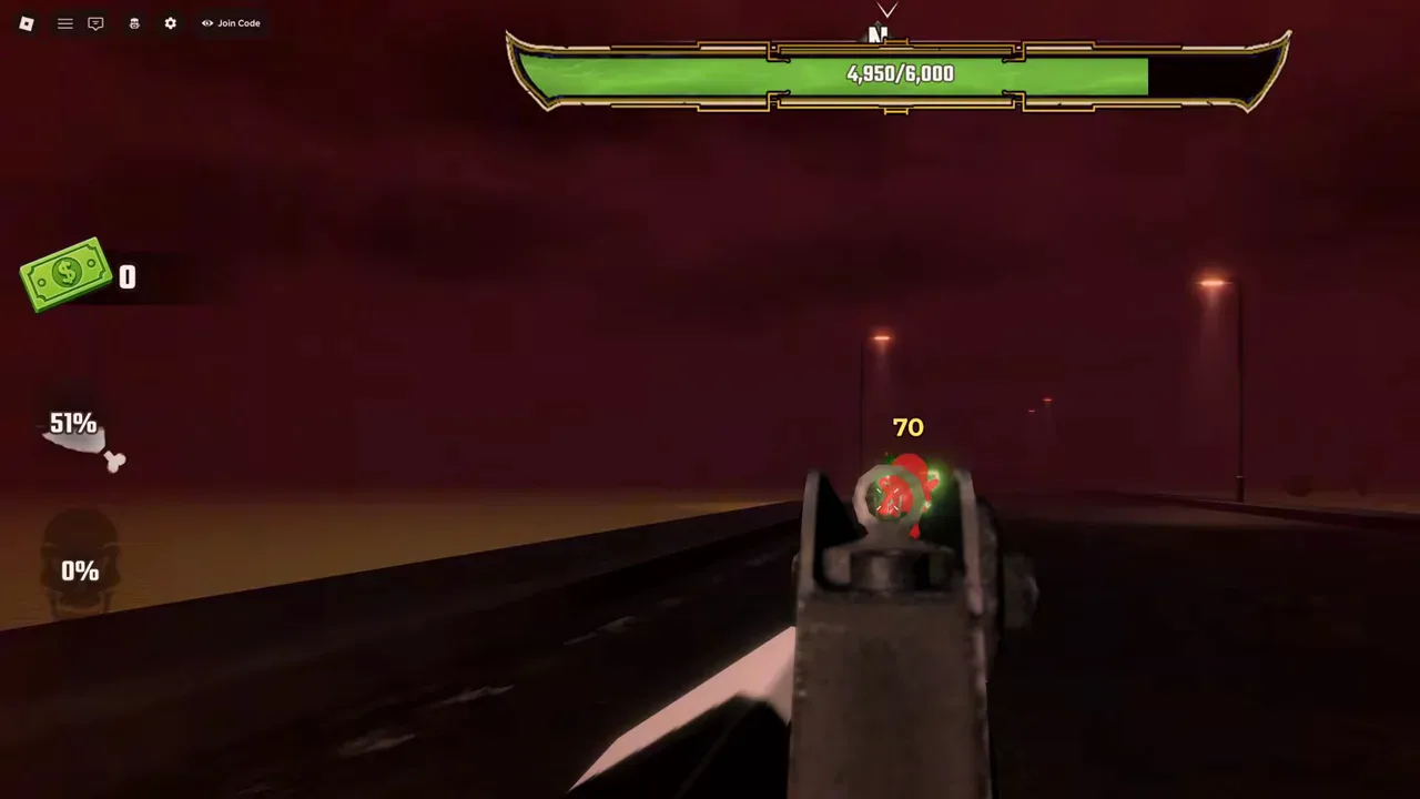 Player shooting a zombie on a dark highway in Last Stop Roblox Nightmare Mode with the kill feed reading KILLED: ZOMBIE