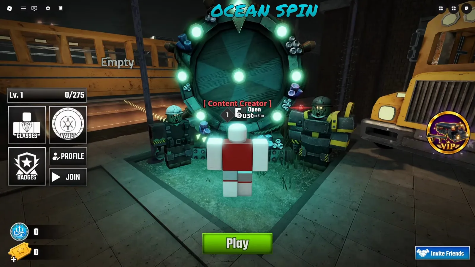 The OCEAN SPIN machine in the Last Stop Roblox lobby, a lamp-ringed teal wheel between two hard-hatted zombie figures, with both the trident token counter and the Tickets counter reading zero