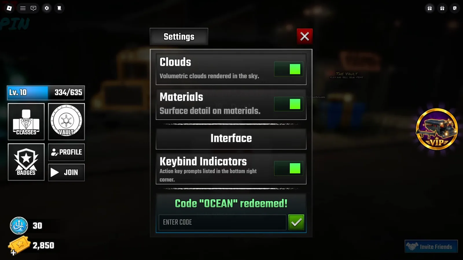 Last Stop Roblox Settings window confirming Code OCEAN redeemed while the lobby's trident counter shows 30 next to a 2,850 Tickets balance