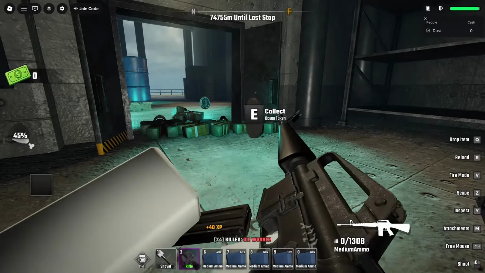Inside a Last Stop Roblox oil rig corridor where the prompt E Collect Ocean Token hangs over a teal medallion beside fallen enemies while the kill feed reads (X4) KILLED: OIL WORKER