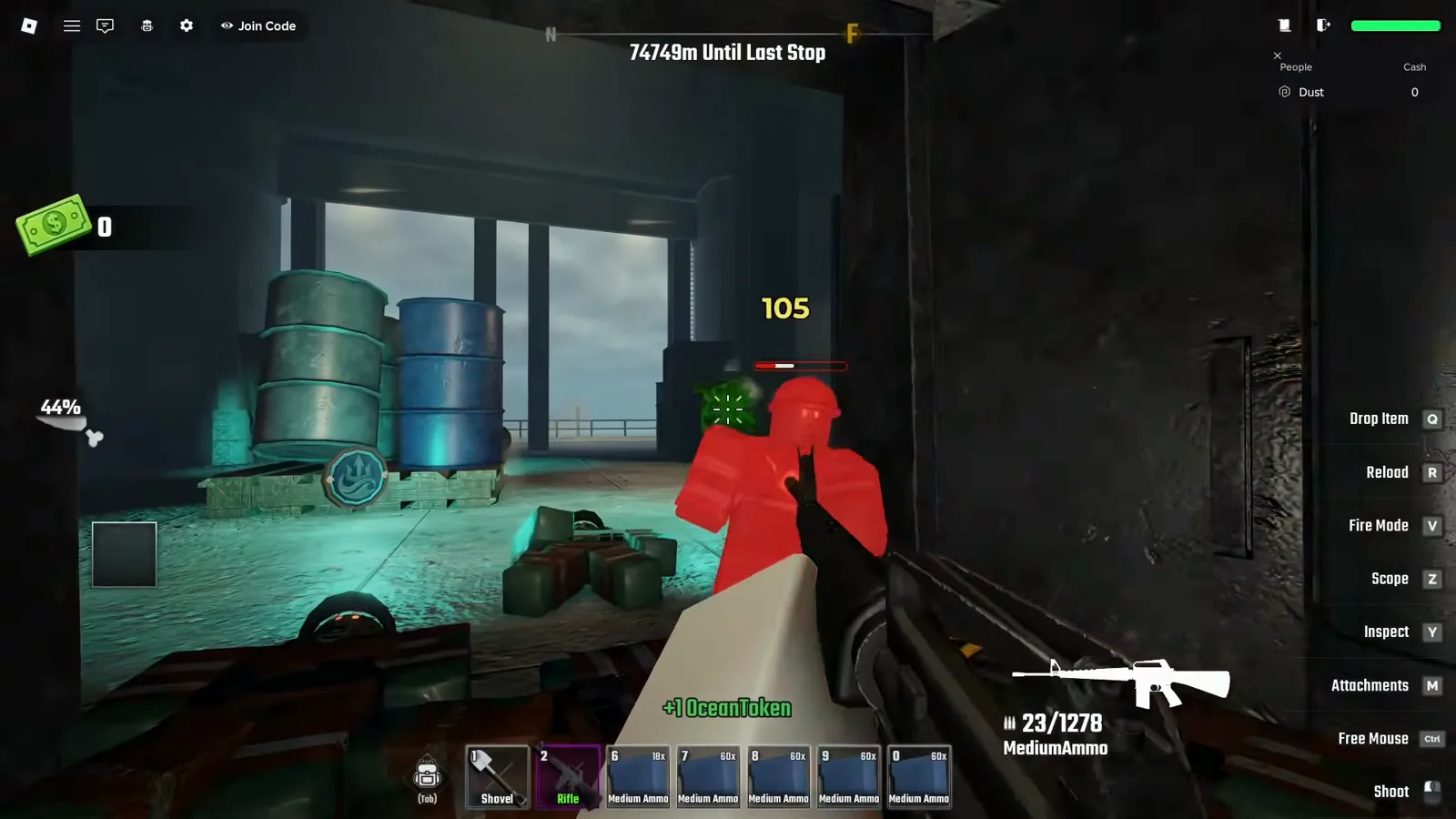 The green +1 OceanToken toast appearing above a Shovel and Rifle hotbar while an Ocean Token medallion rests on a pallet beside stacked drums in Last Stop Roblox