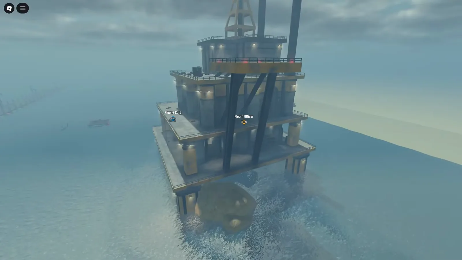 An oil rig platform standing in open water in Last Stop Roblox with the game's waypoint labels Floor 1 Officer and Floor 2 Card pinned to its decks