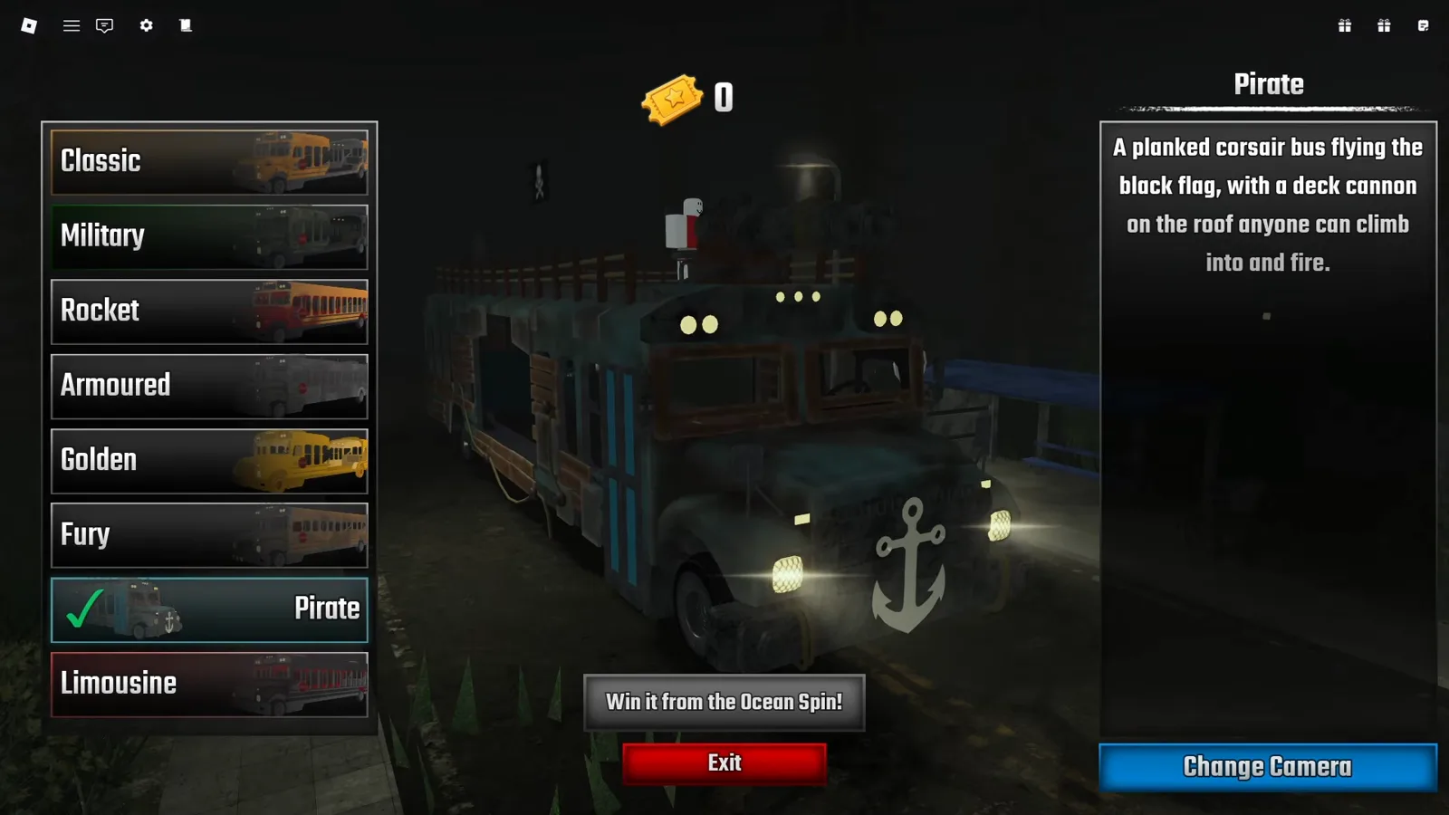 Last Stop Roblox garage screen with the Pirate bus selected, its planked corsair description panel and the banner Win it from the Ocean Spin under a zero Ticket balance
