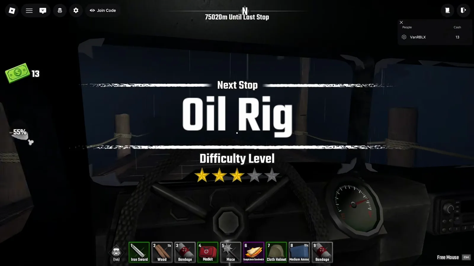Last Stop Robloxの夜のバスの計器盤の上に、Next Stop Oil Rig のタイトルカードと星5つ中3つの Difficulty Level が浮かぶ
