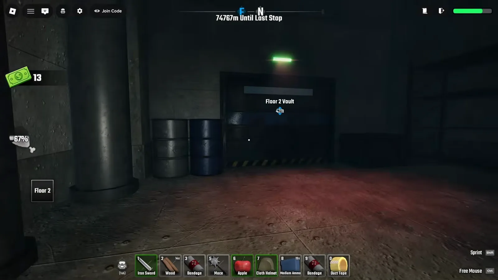 Last Stop Robloxのオイルリグ最上階、斜めストライプとラベルの入った赤い照明の Floor 3 Vault ドア