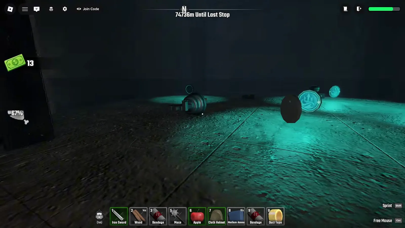Last Stop Robloxのオイルリグ3階の金庫の中、床に光る3つのティール色のオーシャントークン