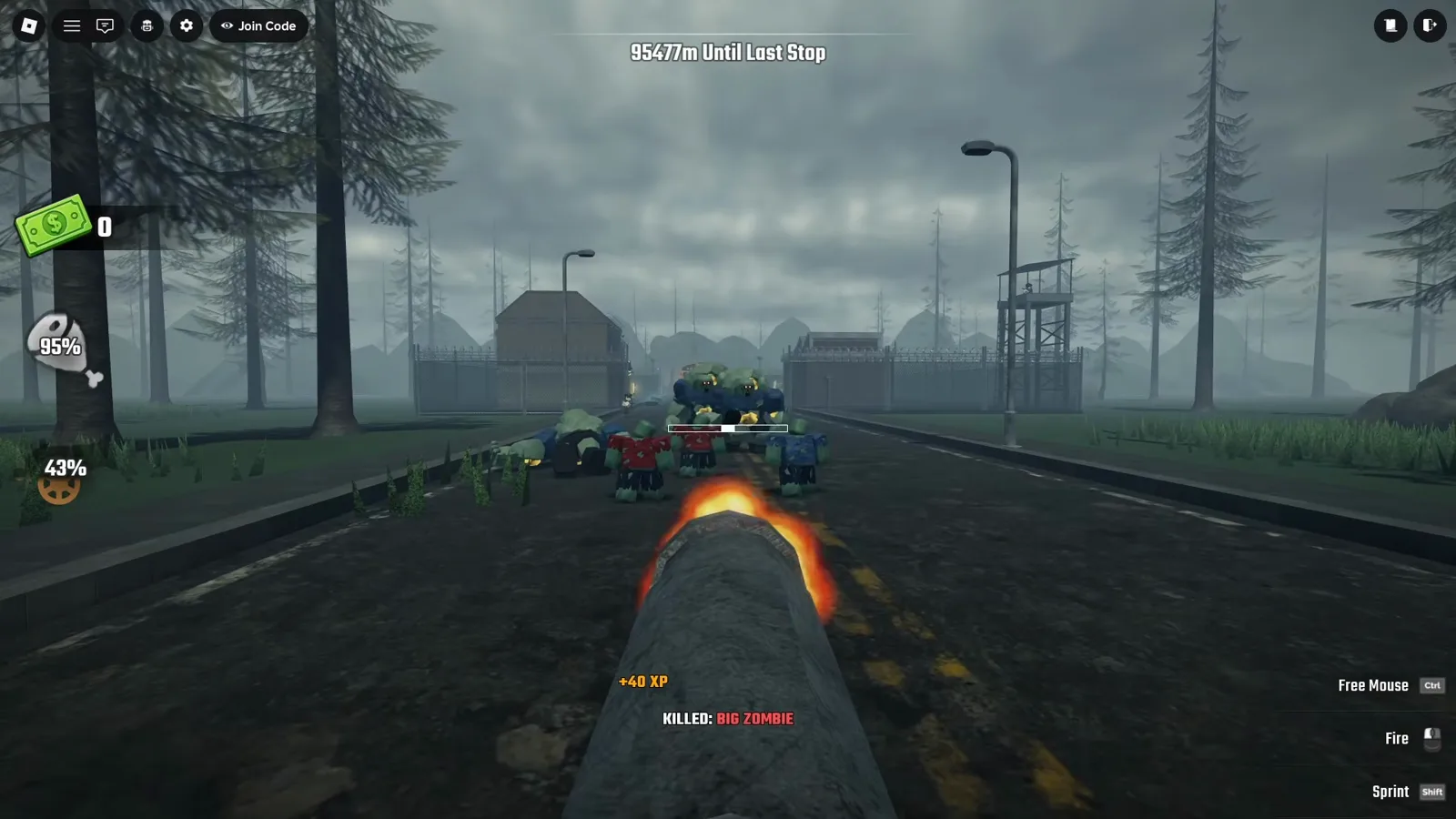O canhão de convés do ônibus Pirate atirando no Last Stop Roblox, com o kill feed lendo KILLED: BIG ZOMBIE sob um toast de +40 XP