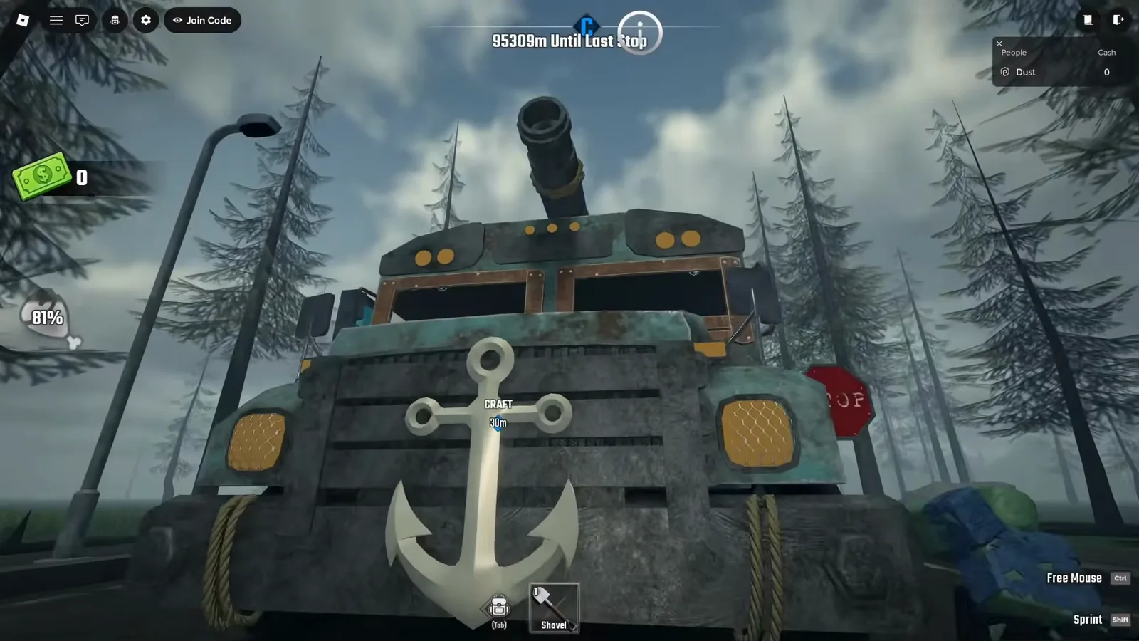O ônibus Pirate no Last Stop Roblox visto de frente, com o emblema branco de âncora na grade e o cano do canhão de convés surgindo acima do teto
