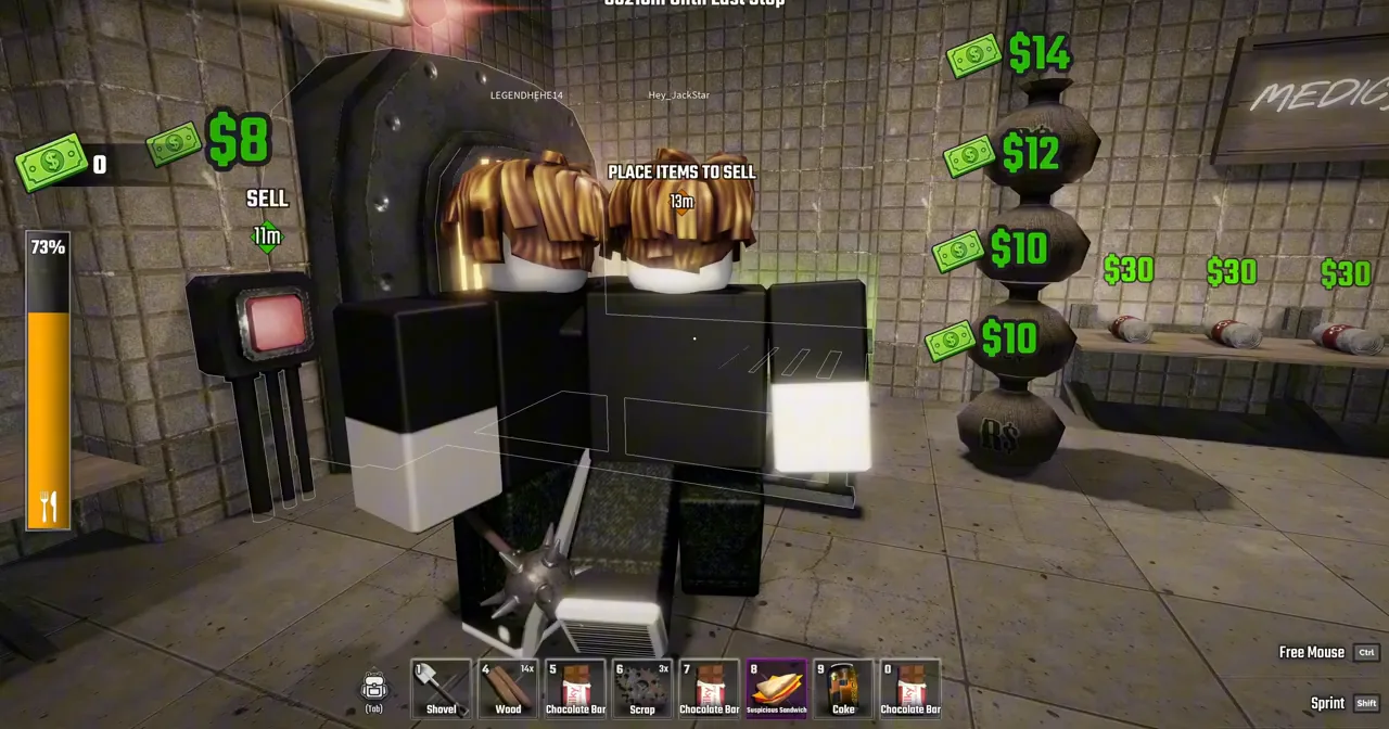 Sell chute in Last Stop Roblox showing 48 dollars earned from a bag of scavenged loot