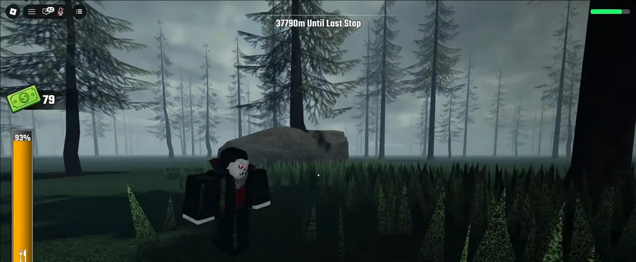 The vampire standing alone at the foggy pine forest edge in Last Stop Roblox after releasing the grabbed player