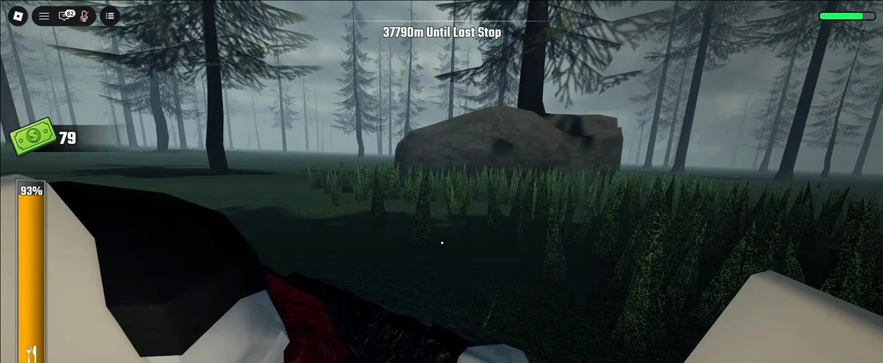 First-person view in Last Stop Roblox as the vampire with glowing red eyes latches onto the player in the fog