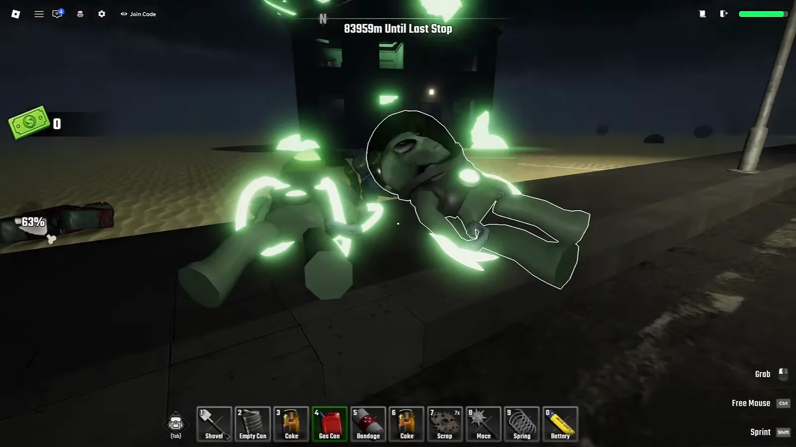 Dos alienígenas muertos brillando en verde en la carretera nocturna de Last Stop Roblox, uno con contorno de recogida, bajo el contador 83959m Until Last Stop