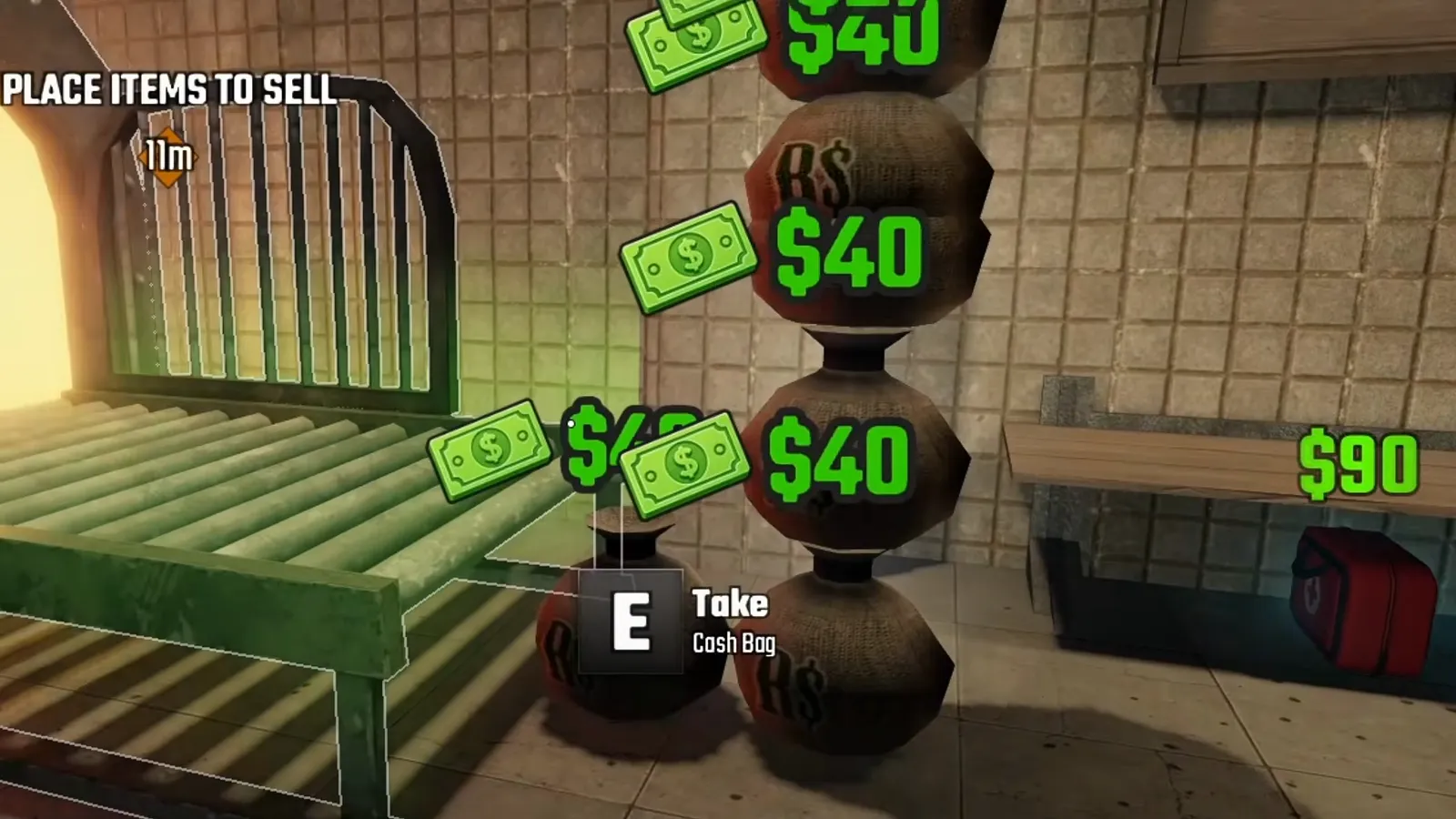 Bolsas de dinero apiladas y marcadas con 40 dólares cada una junto al Place Items to Sell con el mensaje E Take Cash Bag visible en Last Stop Roblox