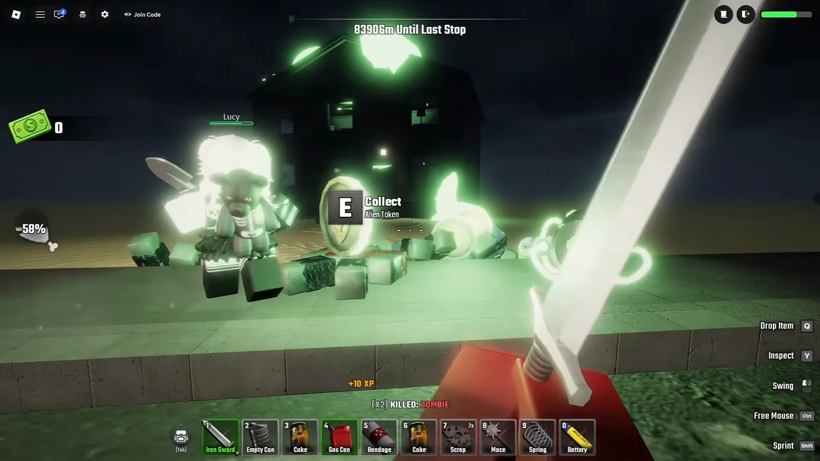 Mensaje E Collect Alien Token sobre una moneda verde brillante frente a una casa invadida por alienígenas en Last Stop Roblox