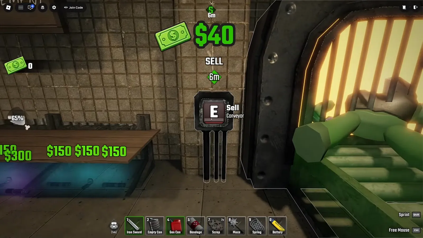 Cuerpo de alienígena en la cinta de venta junto a la boca iluminada, con el contador de 40 dólares y el mensaje E Sell Conveyor en Last Stop Roblox