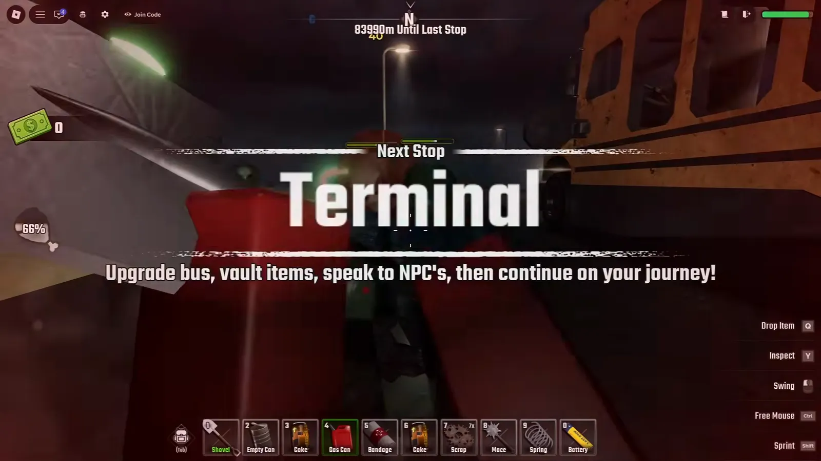 Tarjeta de llegada a la terminal en Last Stop Roblox que dice Upgrade bus, vault items, speak to NPC's, then continue on your journey con el autobús amarillo detenido en la plataforma