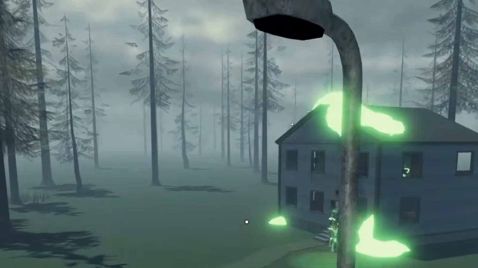 Casa de dos pisos con un OVNI estrellado brillando en verde en el techo a la orilla de un bosque en Last Stop Roblox, con la mira centrada en el patio